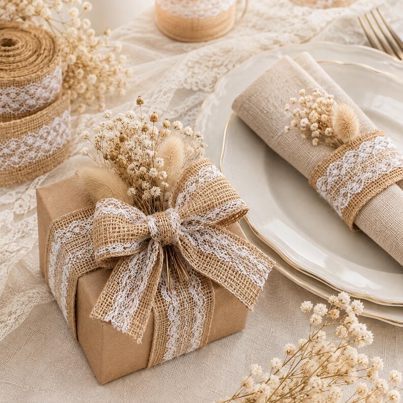 May include: A square gift box wrapped in brown paper with a burlap and white lace ribbon bow, topped with dried baby's breath and bunny tail grass. A matching linen napkin with a burlap and lace ring sits on a white plate nearby.