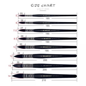 Op de afbeelding: Een maattabel voor acht zwarte kunstpenselen met zilveren hulzen, gelabeld AISHA KE ART BRUSH CHINA. De tabel toont afmetingen in millimeters, met penseellengtes vari&euml;rend van 185 mm tot 210 mm en haarlengtes van 25 mm tot 41 mm.
