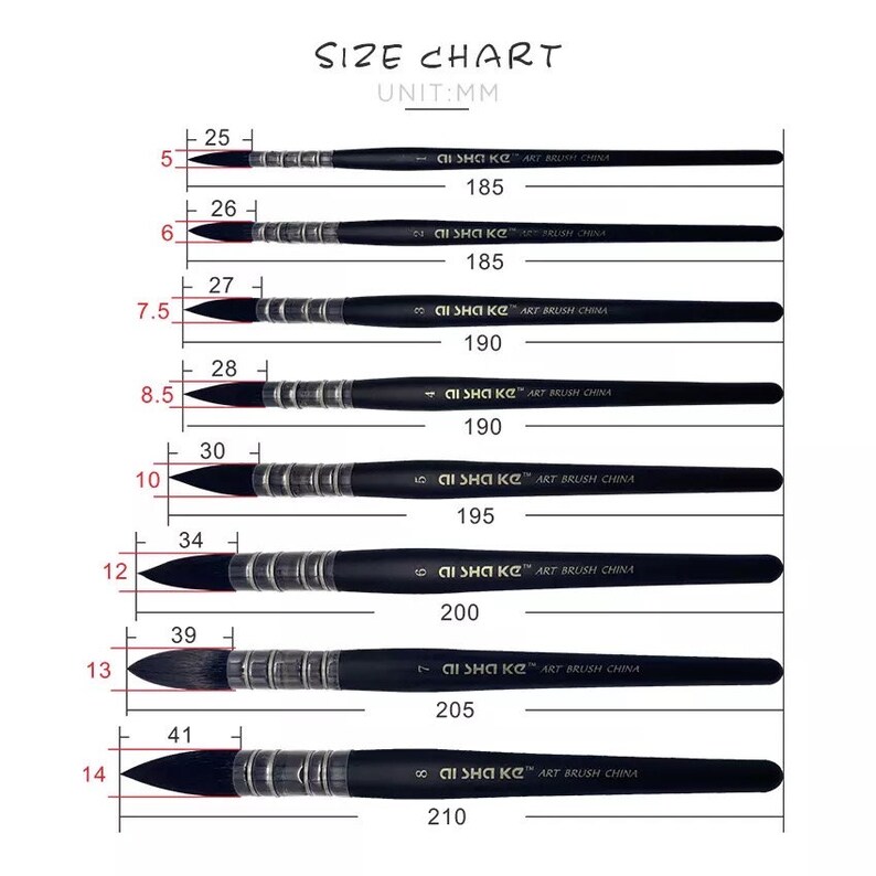 Op de afbeelding: Een maattabel voor acht zwarte kunstpenselen met zilveren hulzen, gelabeld AISHA KE ART BRUSH CHINA. De tabel toont afmetingen in millimeters, met penseellengtes vari&euml;rend van 185 mm tot 210 mm en haarlengtes van 25 mm tot 41 mm.