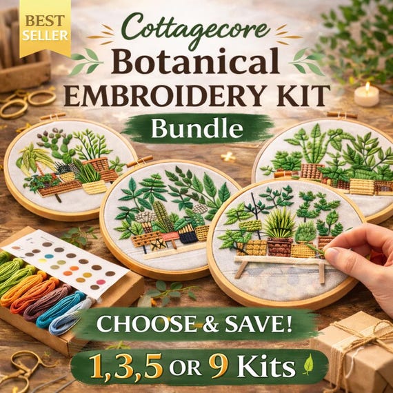 Cottagecore Botanical Embroidery Kit Bundle • 18 Plant Designs for Beginners • 1, 3, 5 or 9 Complete DIY Needlework Kits • Relaxing Craft