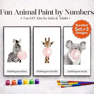 Fun animal paint by numbers set featuring zebra, giraffe and koala blowing bubblegum designed for kids and adults DIY painting.