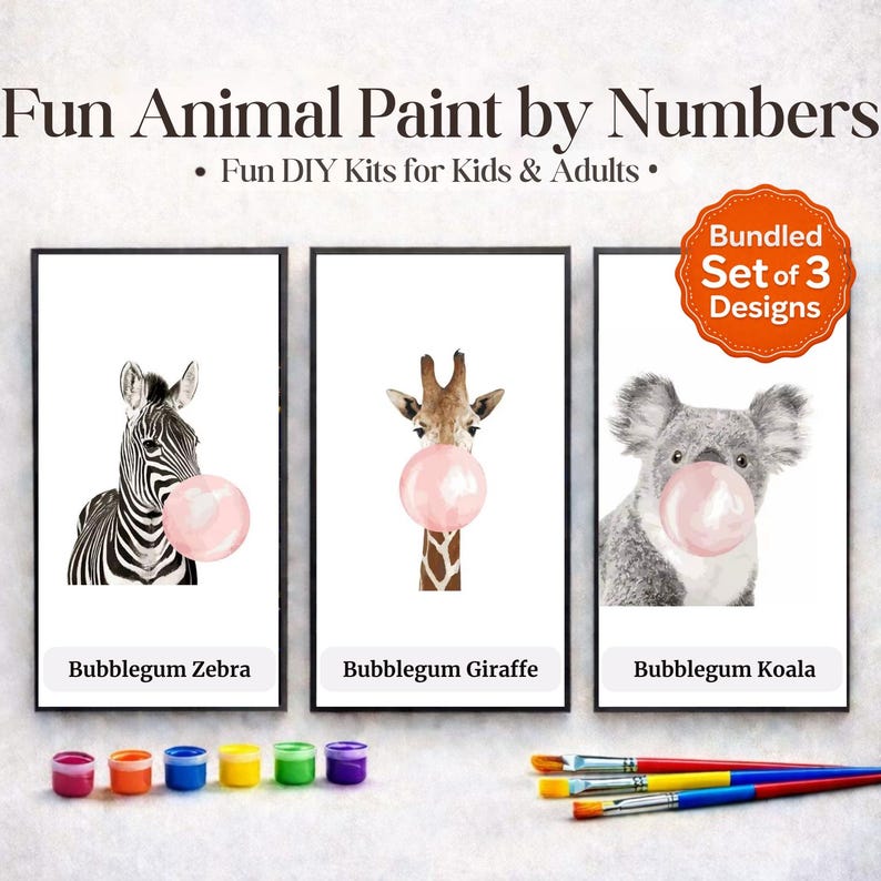 Fun animal paint by numbers set featuring zebra, giraffe and koala blowing bubblegum designed for kids and adults DIY painting.