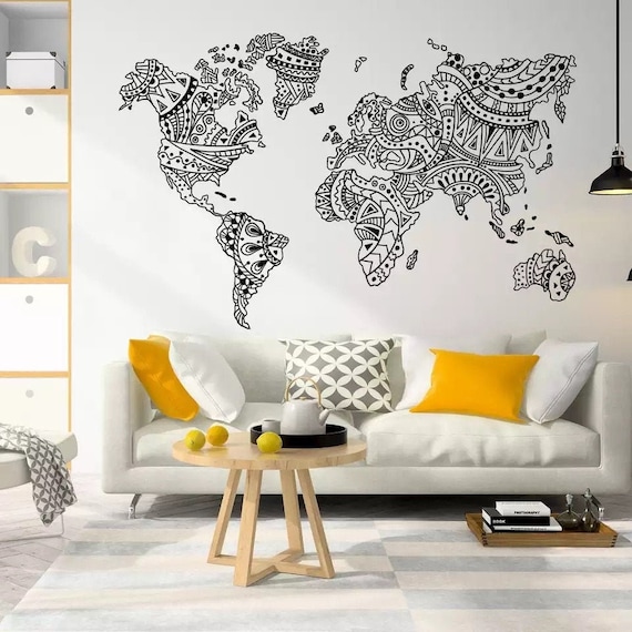 World Map Mandala Wall Decal – Vinyl Wall Sticker – Removable Wall Art for Home decor