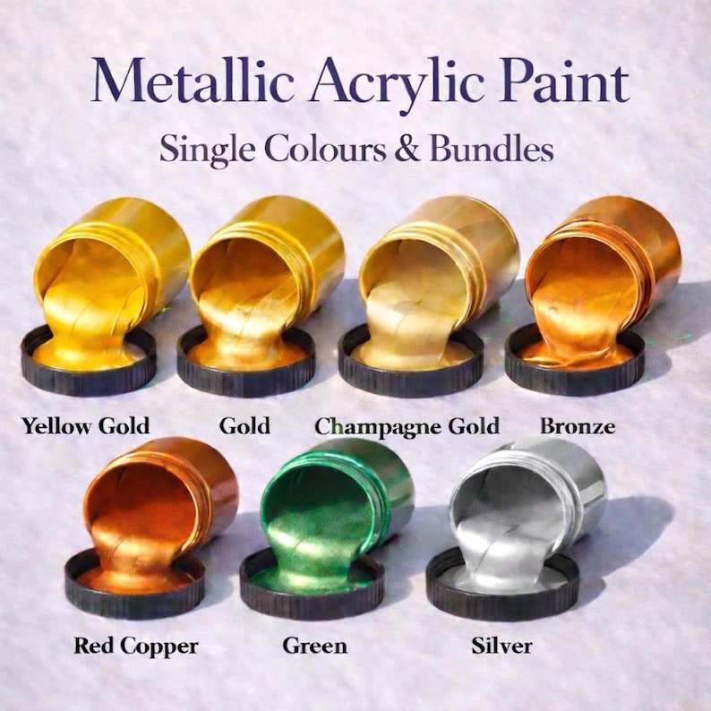 Metallic acrylic paint colour range image showing all seven available colours with paint jars, including yellow gold, gold, champagne gold, bronze, red copper, green and silver.