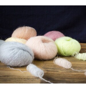 May include: A collection of eight balls of yarn in various pastel colors, including pink, peach, light blue, yellow, and green. The yarn is soft and fluffy, perfect for knitting or crocheting.