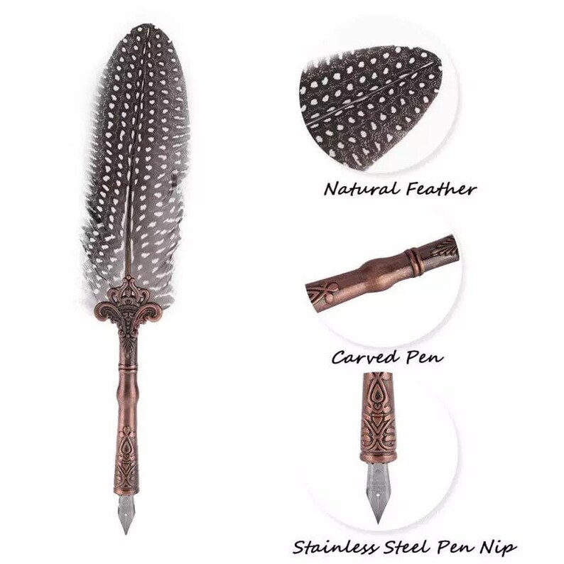 Pode incluir: Uma caneta de caligrafia de estilo vintage com uma pena natural, um porta-canetas de madeira esculpida e uma pena de a&ccedil;o inoxid&aacute;vel. A caneta &eacute; de cor cobre escura.