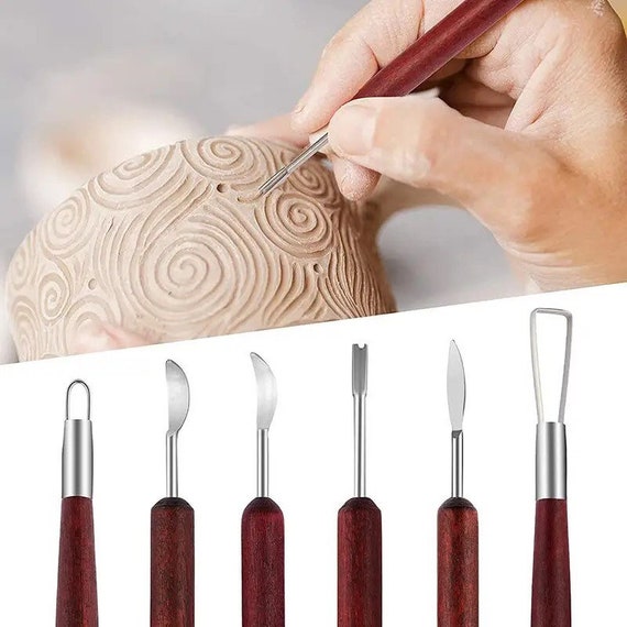 6pc Set Sculpting Tools - Wood Handle Pottery Set - Wax Carving - Double Ended Stainless Steel Tool Set