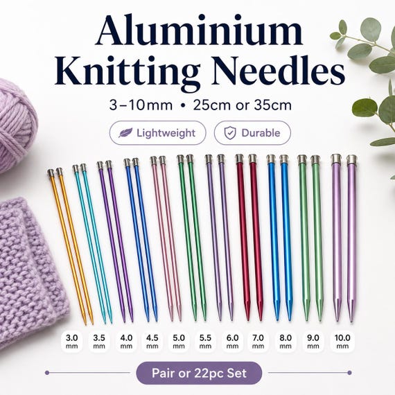 Aluminium Knitting Needles Set 3-10mm, Straight Metal Needles 25cm or 35cm, 2pc Pair or 22pc Set for Knitting Beginners & Yarn Crafts