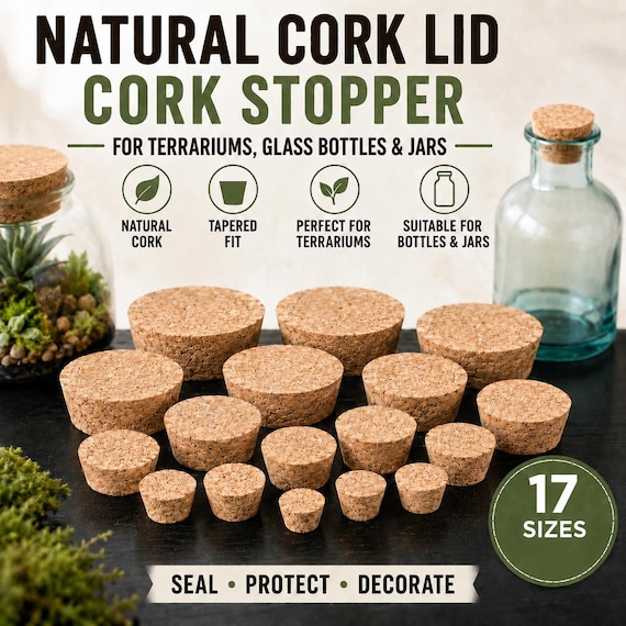 Cork Lid and Cork Stopper for Terrariums, Glass Bottles and Jars, Natural Tapered Cork Plug, Multiple Sizes, Pack of 1 or 3
