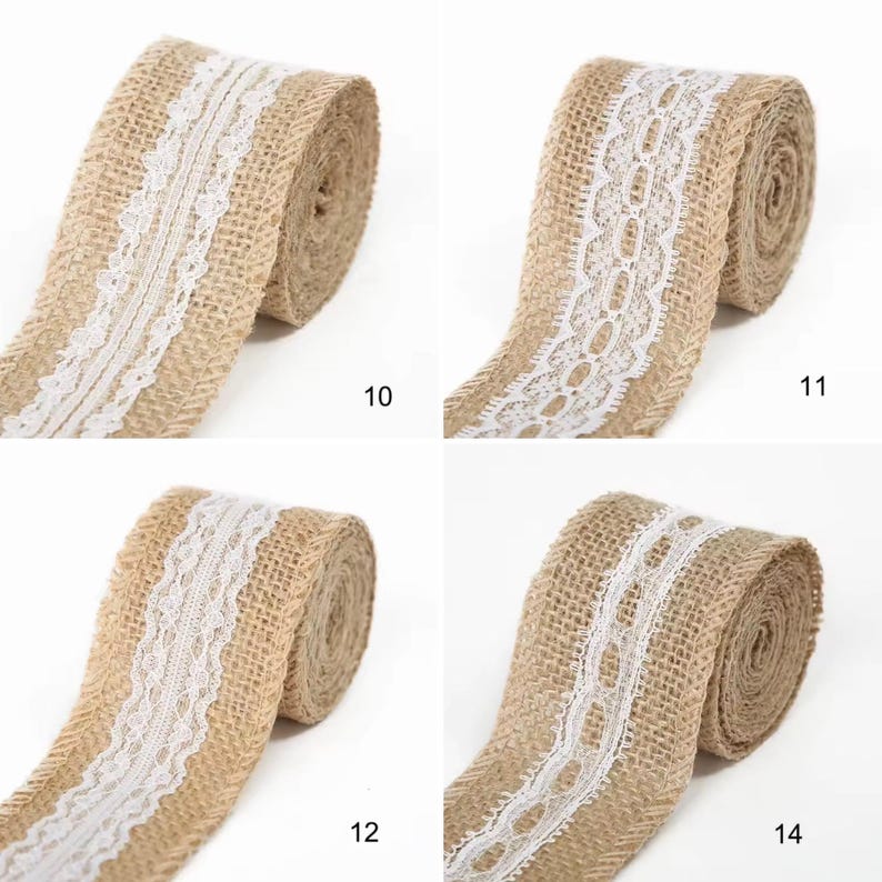 May include: Four rolls of tan burlap ribbon, each featuring a distinct white lace trim pattern down the center. The rolls are labeled with the numbers 10, 11, 12, and 14, showcasing different decorative lace designs on the textured fabric.