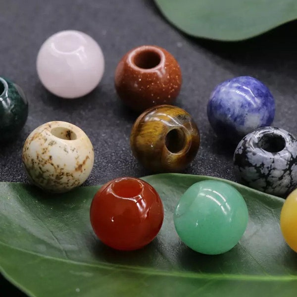 5mm Hole Round Natural Stone Beads 5 Pack - Large Hole Bead for Macrame - 14mm Diameter - 17 Colour Options