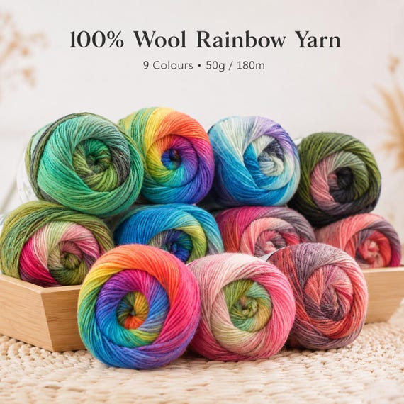 100% Pure Wool Rainbow Yarn 50g 180m, Section Dyed Gradient Yarn for Knitting Crochet, Soft Colourful Wool for Scarf Shawl Sweater Crafts