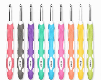 Crochet Hook Set 9pcs, Ergonomic Crochet Hooks 2-6mm, Easy Grip Colour Coded Aluminium Needles for Beginners, Yarn Craft Tools