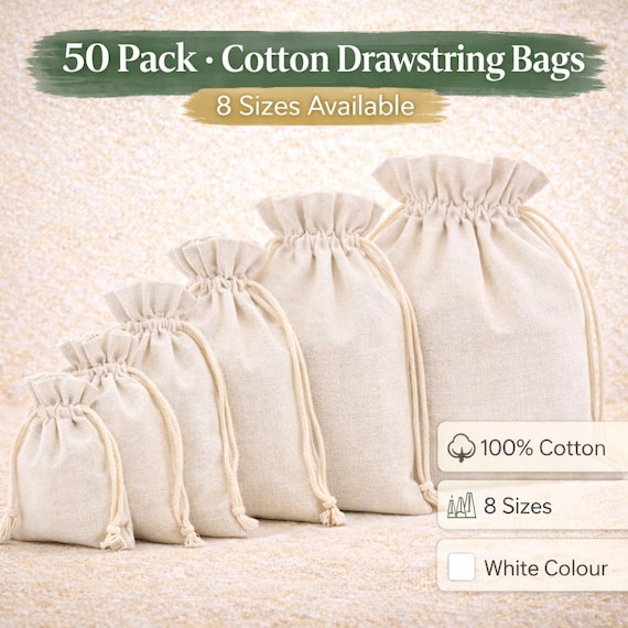 50 Pack White Cotton Drawstring Gift Bags – Small Favour Pouches, Jewellery Pouch, Wedding Party Bags, Christmas Fabric Gift Bags Bulk Set
