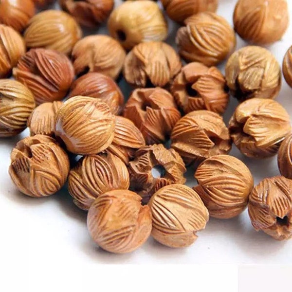 10 Pack Natural Carved Wood Beads - 8, 10, 12, 15, 18mm Lotus Flower Shaped Beads