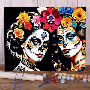 Kit de peinture à numéros de crâne en sucre - Kit de peinture DIY pour le jour des sœurs mortes, décoration d'intérieur unique et idée cadeau - 3 tailles