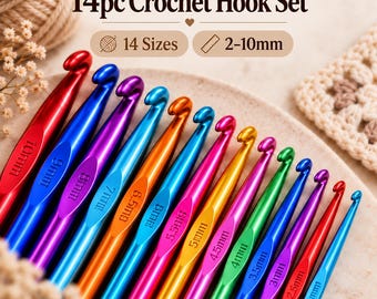May include: A 14-piece crochet hook set featuring metallic, multi-coloured aluminium hooks ranging from 2mm to 10mm. Each hook is clearly labelled with its specific size. The text 14pc Crochet Hook Set, 14 Sizes, and 2-10mm is printed above.
