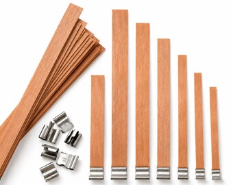 Mechas de madera para velas con soportes, paquete de 50 unidades, mechas de madera natural para la fabricación de velas, suministros para velas caseras, velas en frasco, 7 tamaños disponibles.