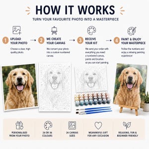 May include: An instructional graphic titled HOW IT WORKS showing a four-step process to create a custom paint-by-numbers kit from a photo. It features a golden retriever image, a numbered canvas outline, paint pots, brushes, and a finished painting.