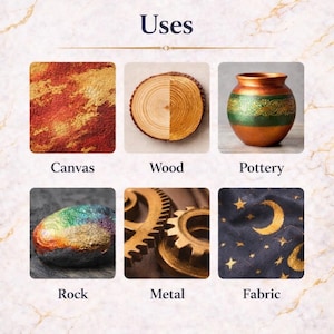Uses infographic for metallic acrylic paint showing example applications on canvas, wood, pottery, rock, metal and fabric in a premium square layout.