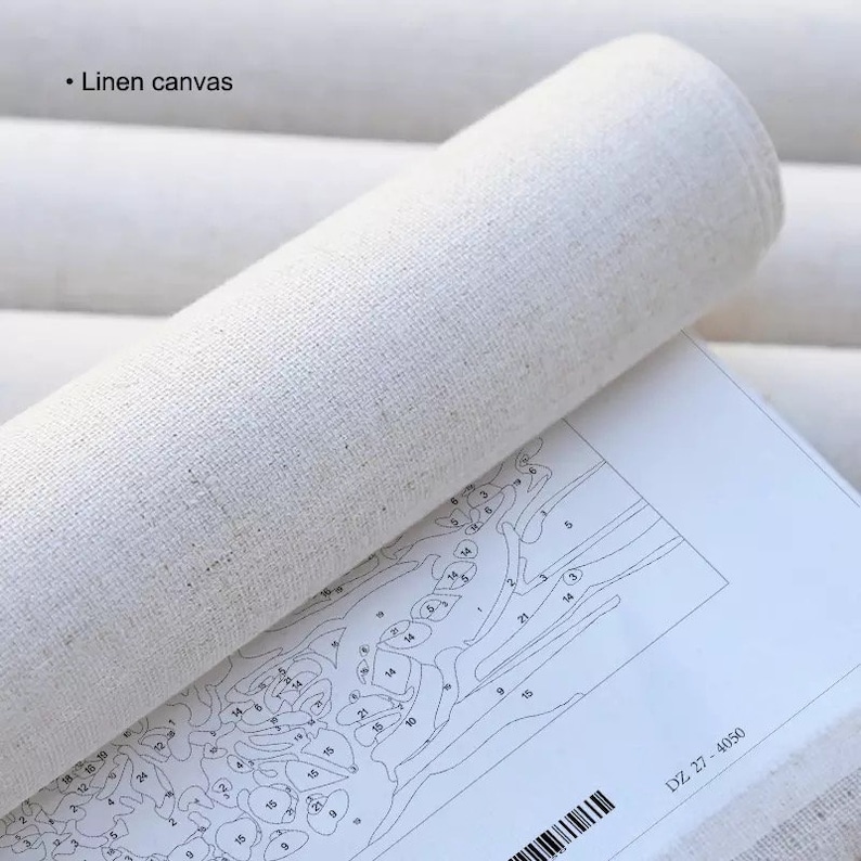 May include: A rolled piece of off-white linen canvas featuring a printed paint-by-number pattern with numbered sections. The text "Linen canvas" is visible in the upper left corner, and the code "DZ 27 - 4050" is printed on the lower right.