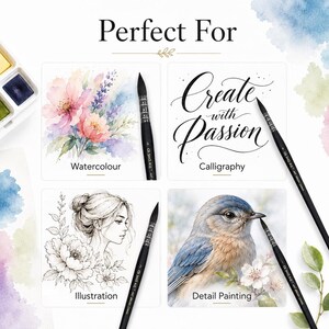 Op de afbeelding: Een set zwarte kunstpenselen met zilveren hulzen, getoond naast vier panelen met aquarelbloemen, kalligrafietekst met de tekst Create with Passion, een zwart-witte lijnillustratie van een persoon en een gedetailleerd schilderij van een vogel.