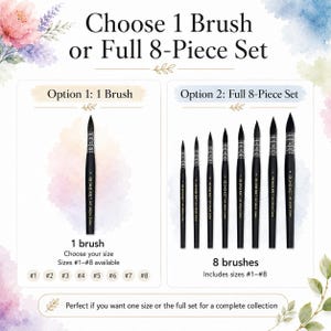 Op de afbeelding: Een set zwarte kunstpenselen met spitse punten en zilveren hulzen, voorzien van de tekst Choose 1 Brush or Full 8-Piece Set, Option 1: 1 Brush, Option 2: Full 8-Piece Set en maten #1 tot #8, gepresenteerd met aquarel bloemenaccenten.