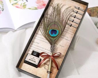 Peacock Feather Quill Pen Set, Calligraphy Dip Pen Gift Box with Ink Bottle & 5 Nibs, Decorative Writing Set for Desk or Gift