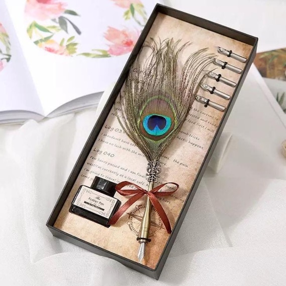 Peacock Feather Quill Pen Set, Calligraphy Dip Pen Gift Box with Ink Bottle & 5 Nibs, Decorative Writing Set for Desk or Gift