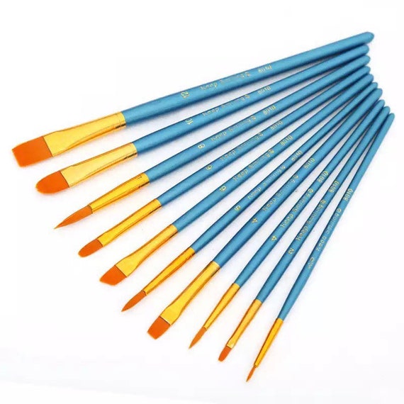 10pcs Artist Paint Brush Set - Nylon Hair - Round, Flat, Angle, Filbert Shape