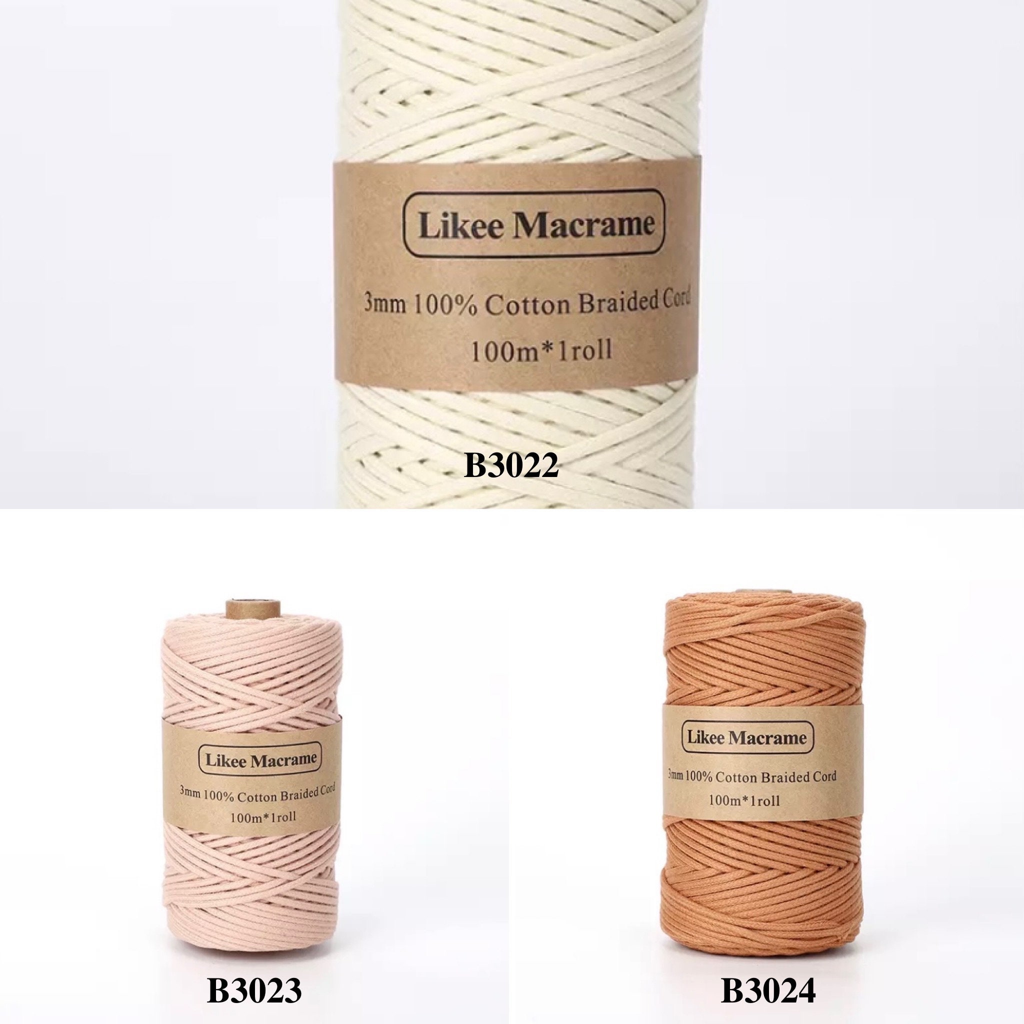 Coloured Braided Macrame Cotton Cord - 3mm, 100m (109yd) - 23 colours