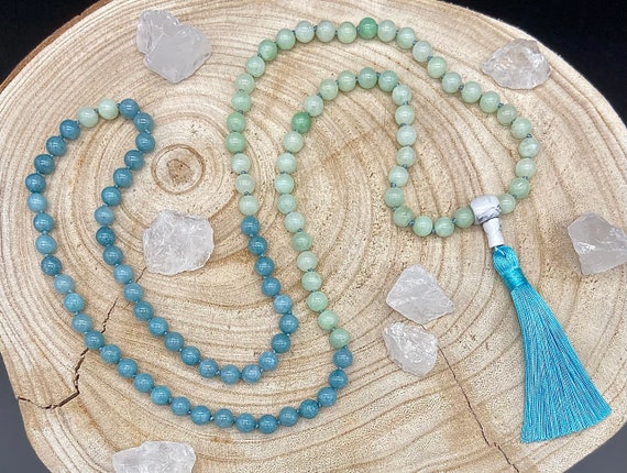 108 Mala Bead Necklace - Chakra Healing Gemstone Necklace for Men Women - Healing Crystal Energy Bracelet Burmese Jade, Aquamarine