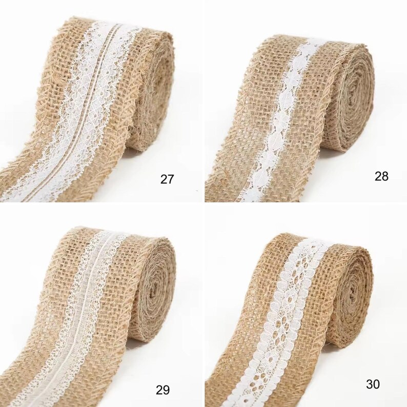 May include: Four rolls of tan burlap ribbon, each featuring a unique white lace trim down the center. The rolls are labeled with the numbers 27, 28, 29, and 30, showcasing different intricate lace patterns on the textured, woven fabric material.