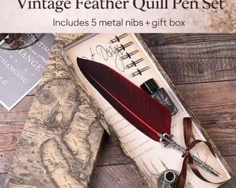 Feather Quill Pen Set – Calligraphy Dip Pen with 5 Nibs – Gift Box Writing Set – Vintage Ink & Quill Pen – Antique Pen Gift Set - 6 Colours