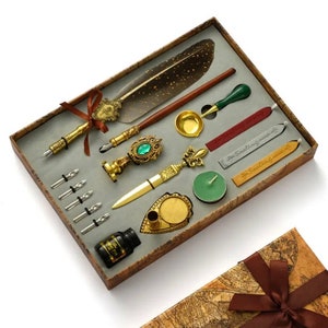 Federkiel Dip Pen Geschenk Set - Kalligraphie Geschenkbox mit Wachssiegel - 4 Farben