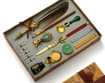 Feather Quill Dip Pen Gift Set - Calligraphy Gift Box with Wax Seal - 4 Colours