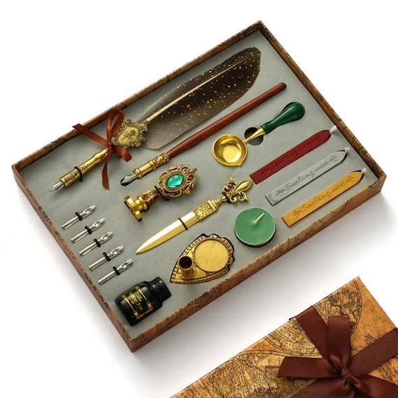 Feather Quill Dip Pen Gift Set - Calligraphy Gift Box with Wax Seal - 4 Colours