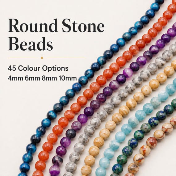 Gemstone Beads 4-10mm, Round Glass & Stone Beads, 45 Colour Options for Jewellery Making, Bracelets, Necklace and DIY Beading