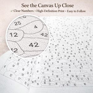 Close-up view of paint by numbers canvas showing clear numbered sections and high definition print for easy painting.