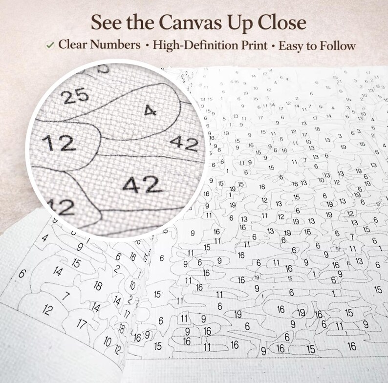 Close-up view of paint by numbers canvas showing clear numbered sections and high definition print for easy painting.