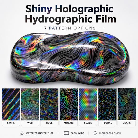 Shiny Holographic Hydrographic Water Transfer Film, Metallic Hydro Dipping Film 50cm Wide, Water Dip Pattern for Auto & DIY Decor - 2 or 10m