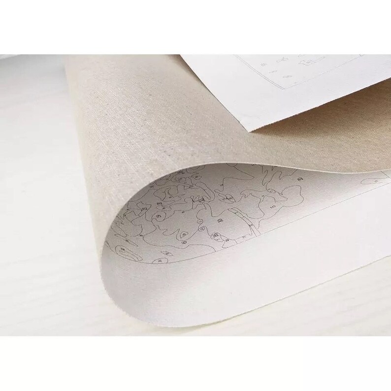 May include: A beige canvas roll for paint-by-number projects featuring a textured surface on the exterior and a white interior side printed with black outlines and numerical guides for painting sections to create a detailed artistic composition.