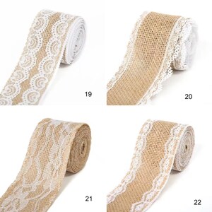May include: Four rolls of tan burlap ribbon, each featuring a distinct white lace trim pattern. Roll 19 has a scalloped lace edge, 20 has a ruffled lace border, 21 displays a wide floral lace overlay, and 22 features a delicate scalloped lace trim.