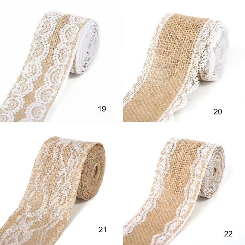 May include: Four rolls of tan burlap ribbon, each featuring a distinct white lace trim pattern. Roll 19 has a scalloped lace edge, 20 has a ruffled lace border, 21 displays a wide floral lace overlay, and 22 features a delicate scalloped lace trim.