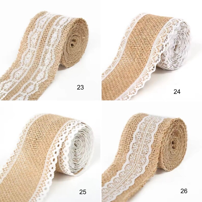 May include: Four rolls of tan burlap ribbon, each featuring a distinct white lace trim pattern along the edges. The rolls are labeled with the numbers 23, 24, 25, and 26, showcasing various intricate woven designs on the textured brown fabric.