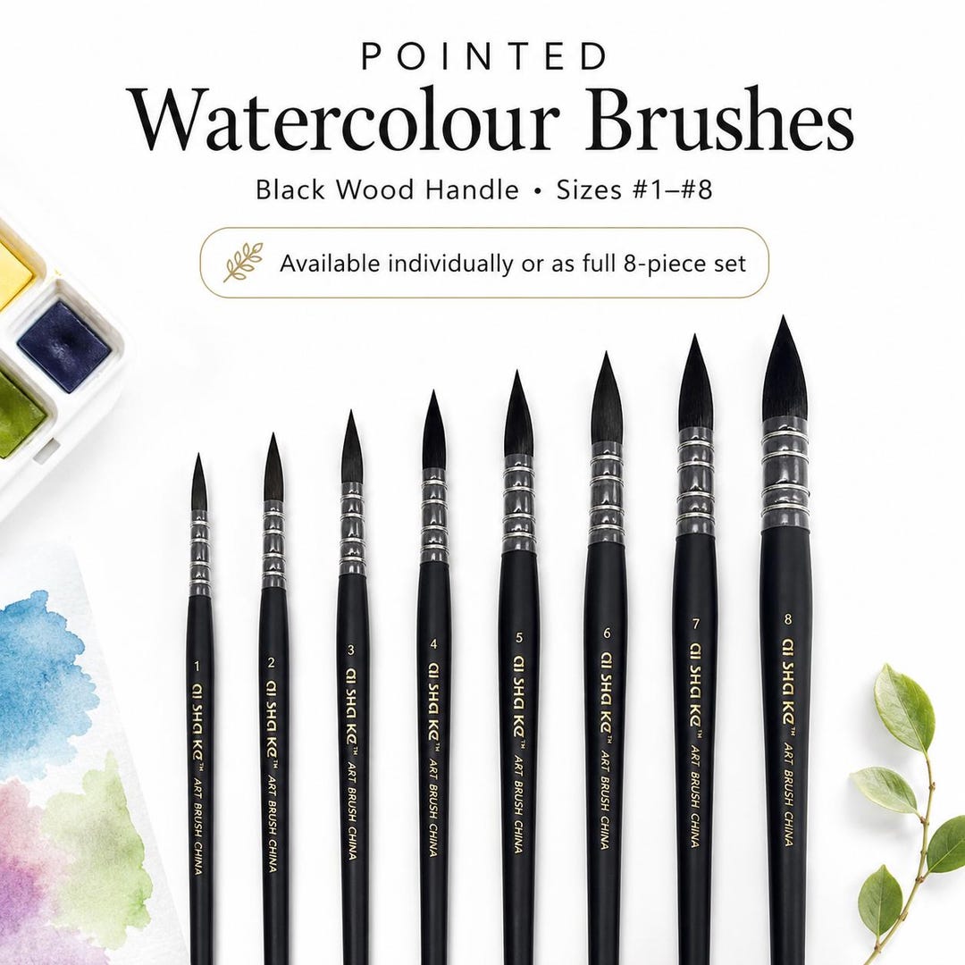 Watercolour Brush Set, Pointed Artist Paint Brushes #1-8, Black