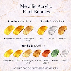 Metallic acrylic paint bundle options image showing Bundle 1, Bundle 2 and Bundle 3 in 100ml sizes with labelled paint smears for each included colour.
