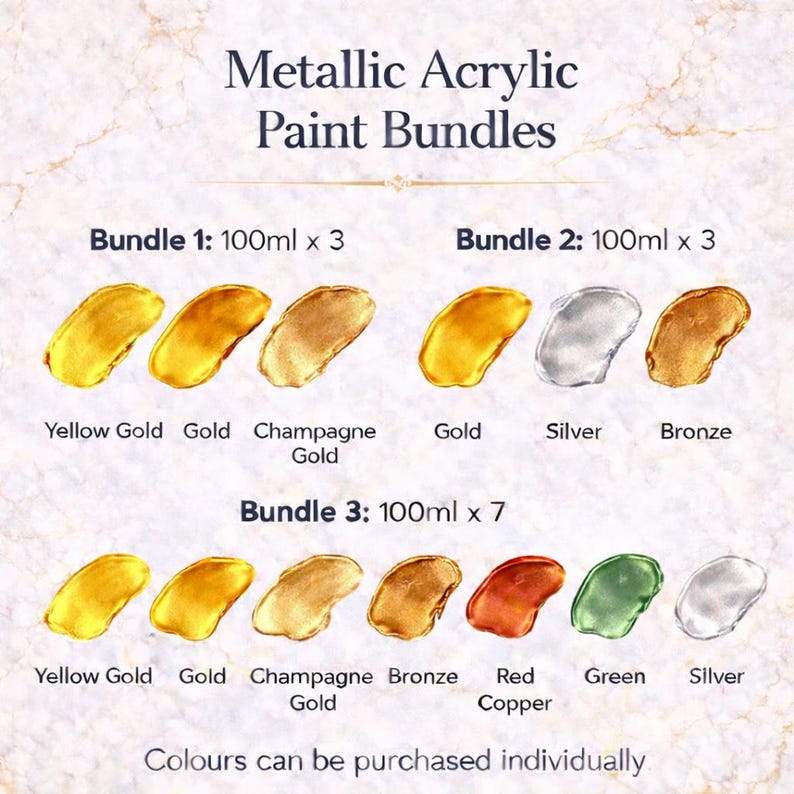 Metallic acrylic paint bundle options image showing Bundle 1, Bundle 2 and Bundle 3 in 100ml sizes with labelled paint smears for each included colour.