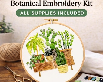 Kit de bordado de plantas botánicas para principiantes • Patrón de bordado de vegetación moderna de 20 cm • Proyecto de manualidades DIY fácil y relajante • Regalo cottagecore