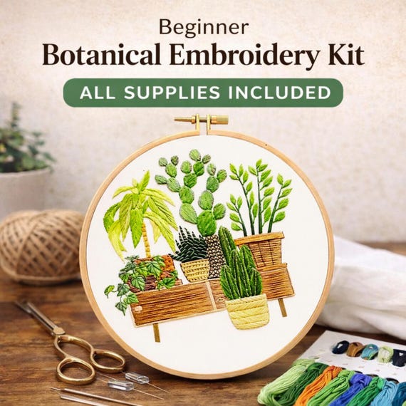 Botanical Plant Embroidery Kit for Beginners • Modern Greenery Needlework Pattern 20cm • Easy Relaxing DIY Craft Project • Cottagecore Gift